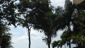 A poolside view with a clear sky, trees, and a distant view of the sea.