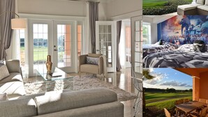 Un salon spacieux doté d’une grande porte-fenêtre donnant sur un balcon, d’un ventilateur de plafond et d’une cheminée moderne.