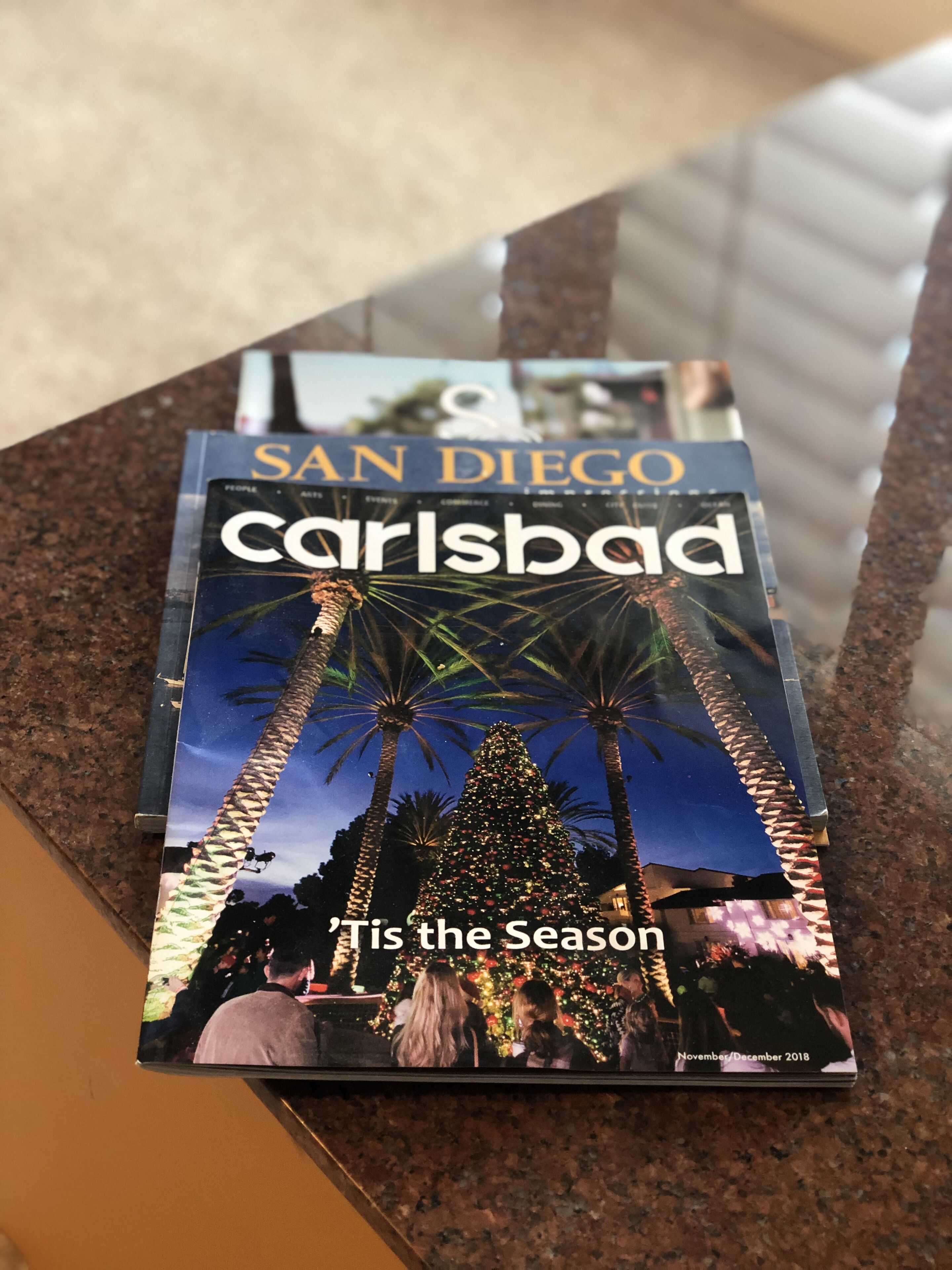 Eine Zeitschrift mit dem Titel 'San Diego Carlsbad', zeigt einen Weihnachtsbaum und Palmen.