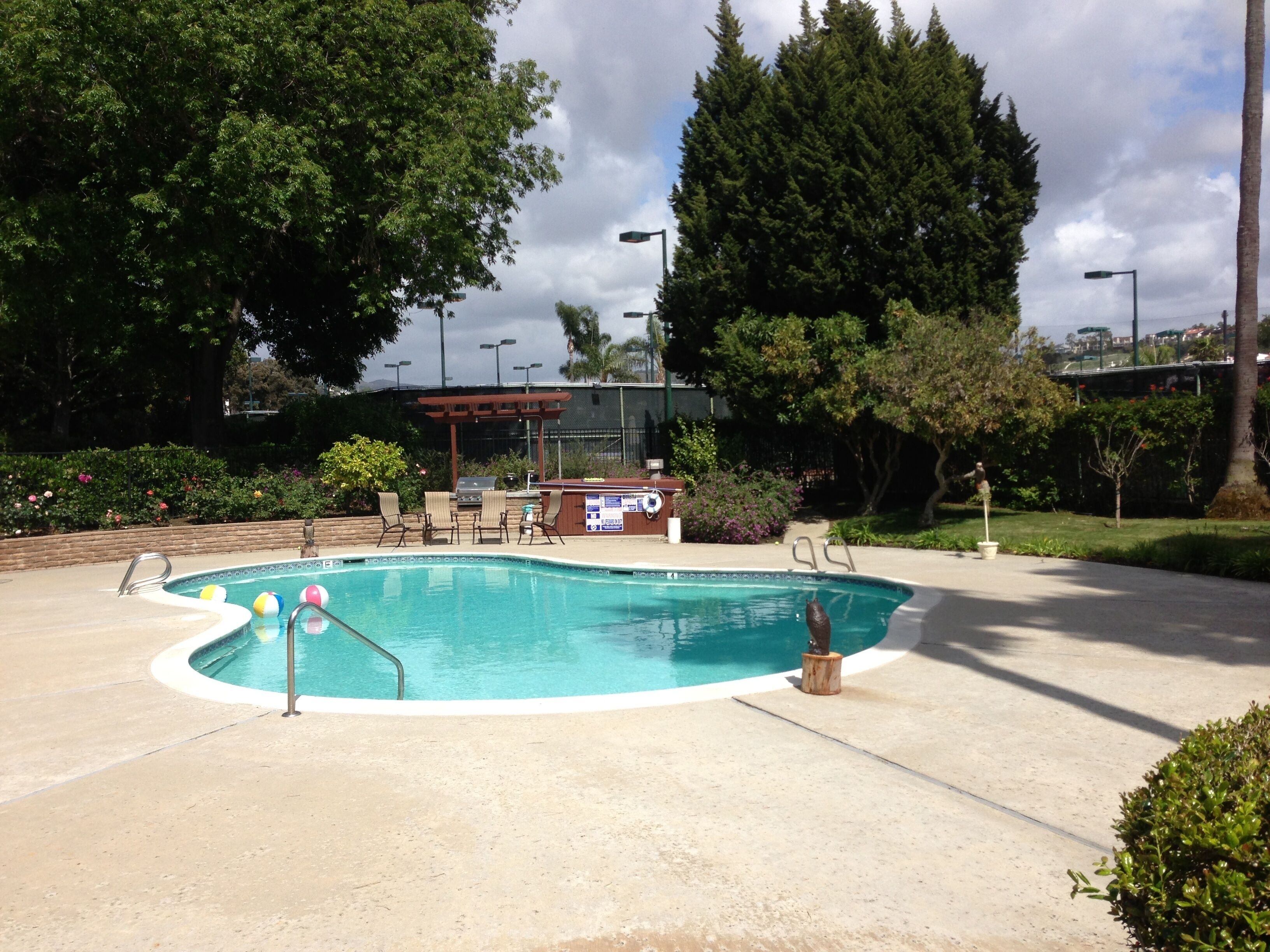 A swimming pool with a sunken seating area, surrounded by trees and a barbecue setup.