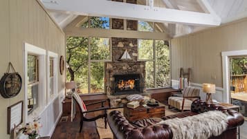 Smart TV, fireplace, books