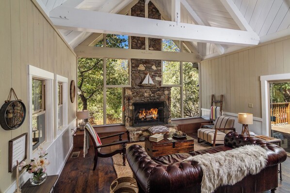 Smart TV, fireplace, books