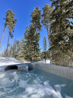 A snow-covered hot tub surrounded by tall evergreen trees. - Birch Lodge at Deer Mountain (Lead)