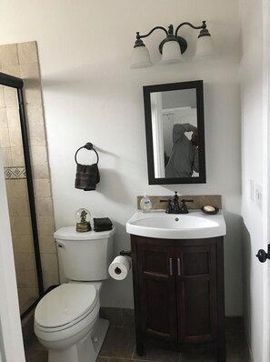 Dusche, Haartrockner, Handtücher, Seife