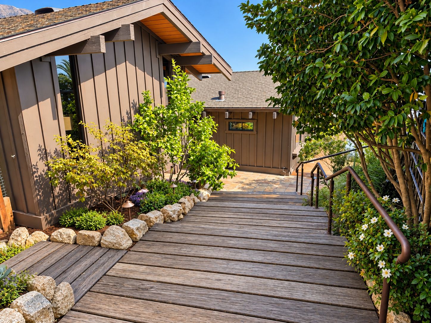 A wooden staircase leading to a house with a sloped roof and a garden with various plants and flowers.