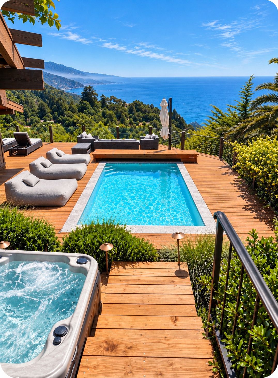 Une terrasse en bois avec une piscine, des chaises longues et un jacuzzi.