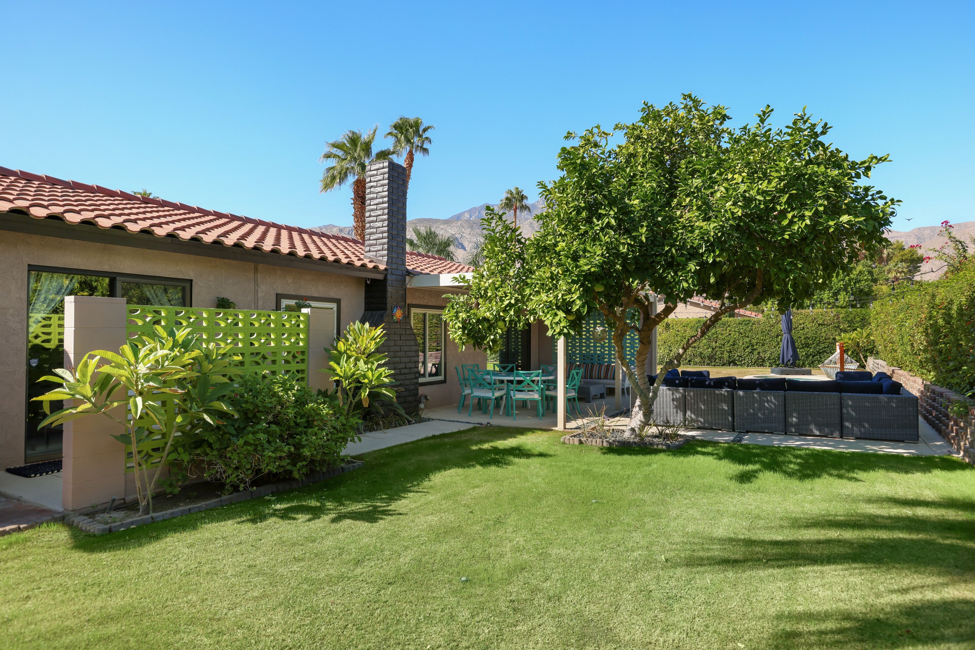 A modern house with a patio, a dining area, and a large tree.