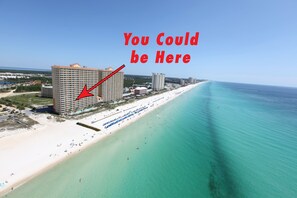 On the beach, sun loungers - Gulffront 1BR at Calypso – King Bed, Sleeps 6. The best time to book is now! (Panama City Beach)