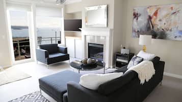 Smart TV, fireplace, DVD player, books