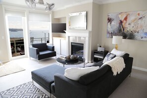 Smart TV, chimenea, reproductor de DVD y libros 