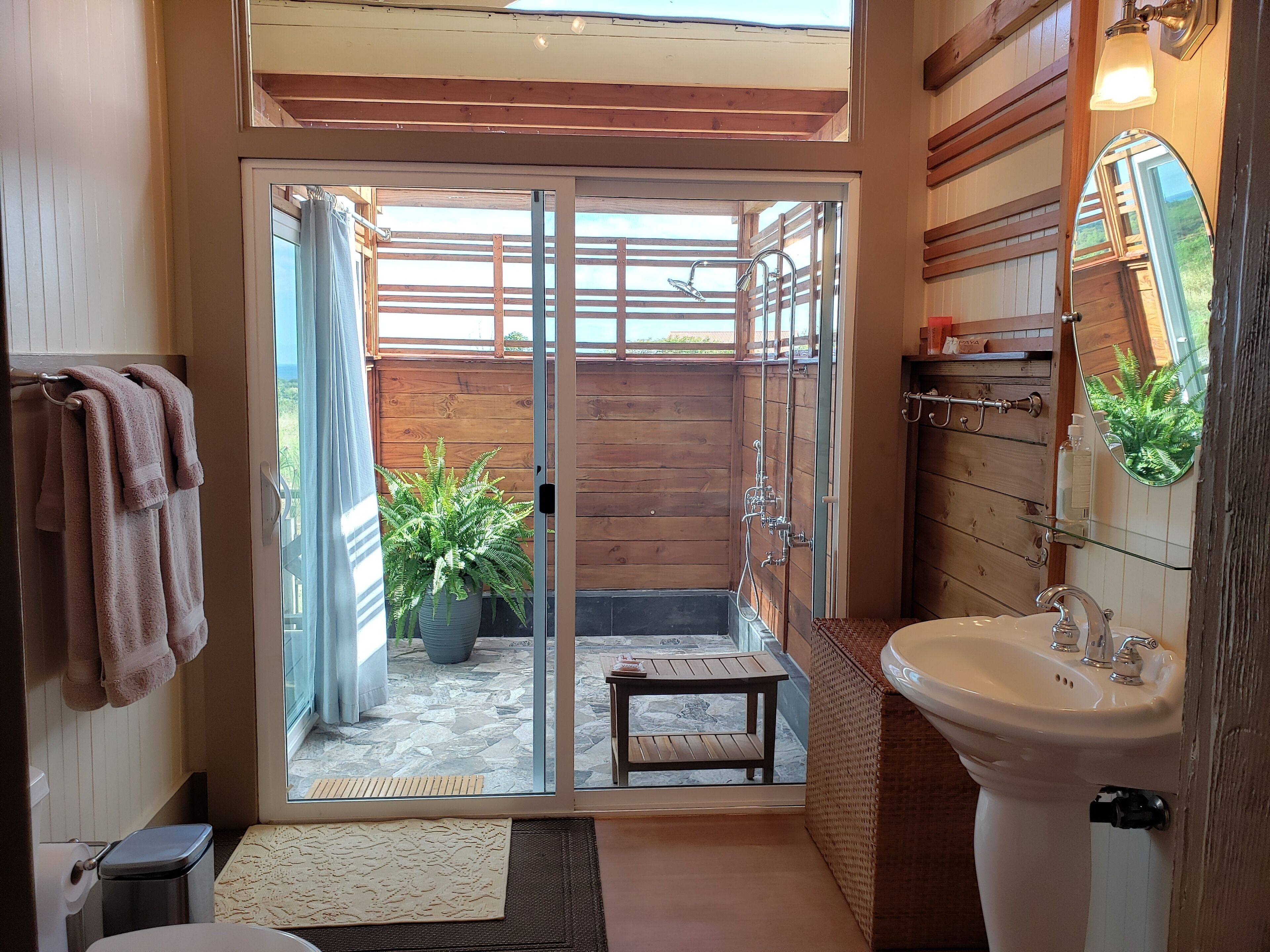 Shower, towels, soap, shampoo