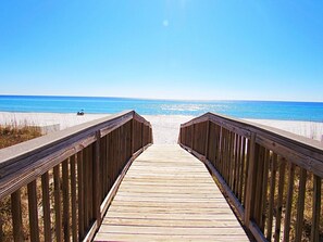 On the beach, sun loungers