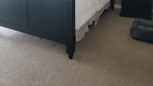 Camera da letto con un letto in legno scuro, pareti color crema e una ventola a soffitto, oltre a una cassettiera.