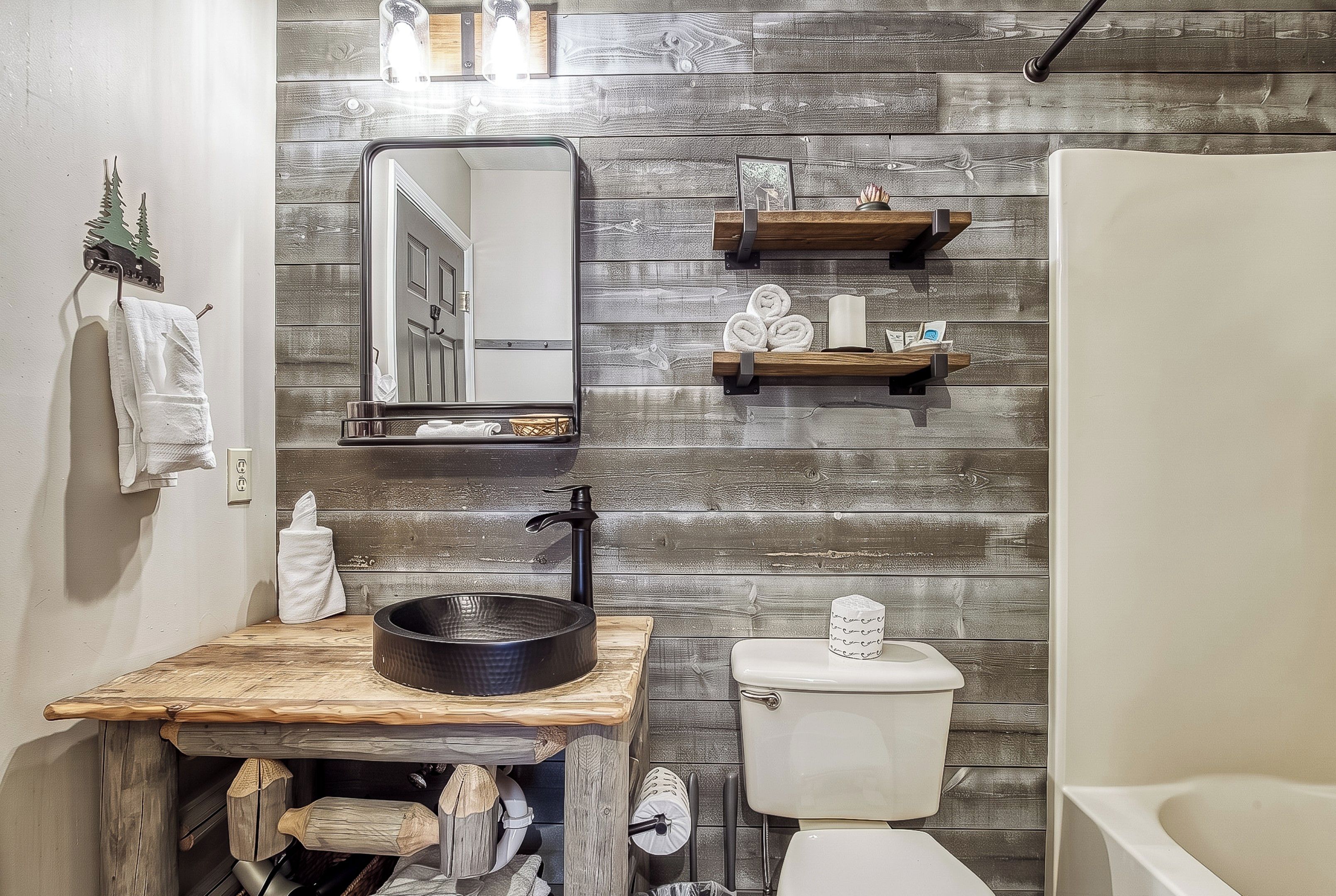 Une salle de bain avec un meuble-lavabo en bois, un lavabo rond, des toilettes et un espace douche.