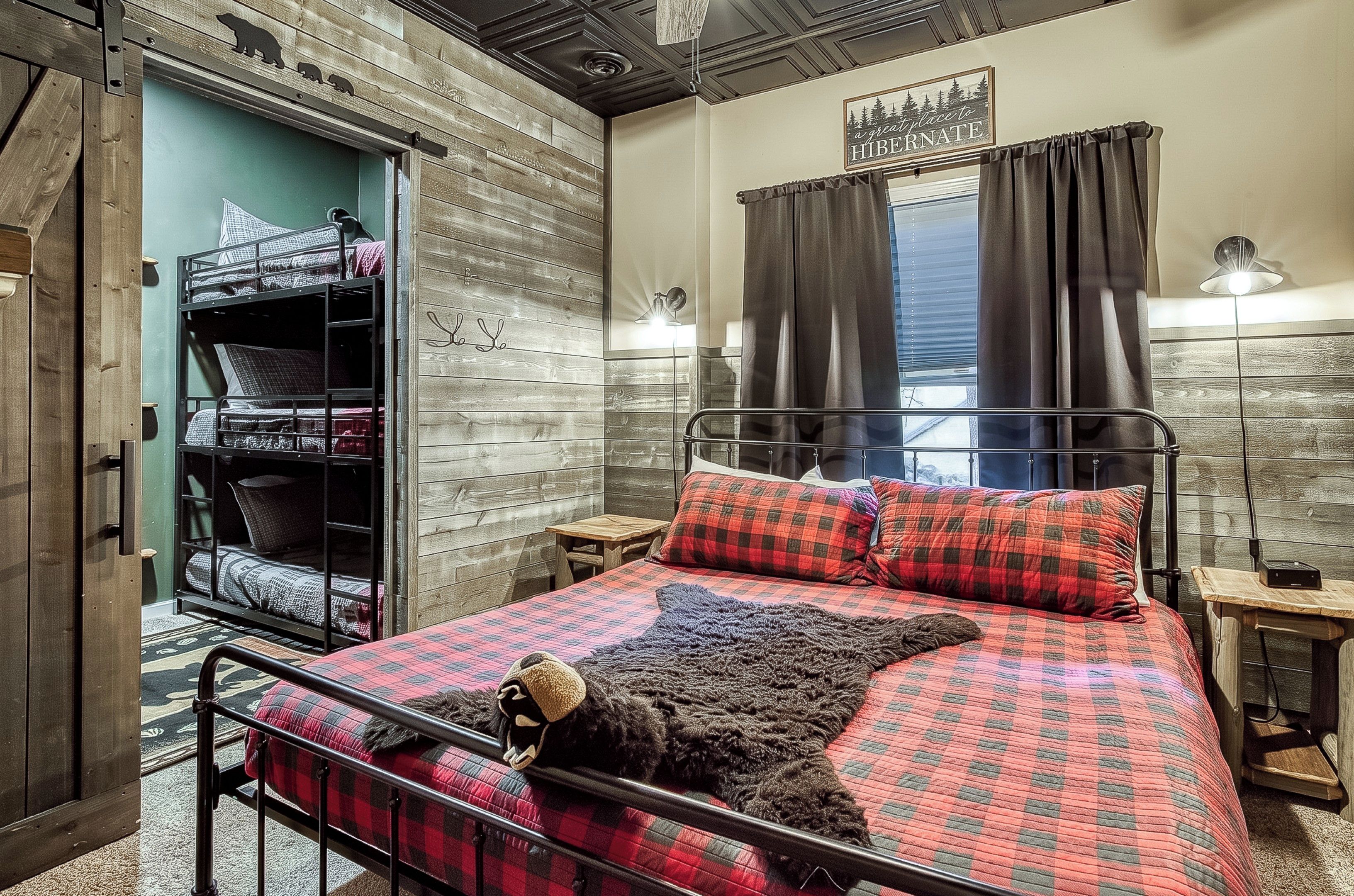 Pigeon Forge Vacation Rental with a Theater "The Playful Bear" - Lower level bedroom with king size bed and bunk beds