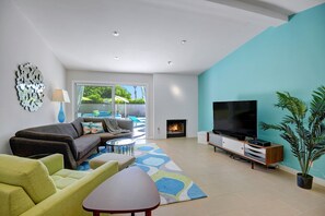 Televisión, chimenea y videoteca 
