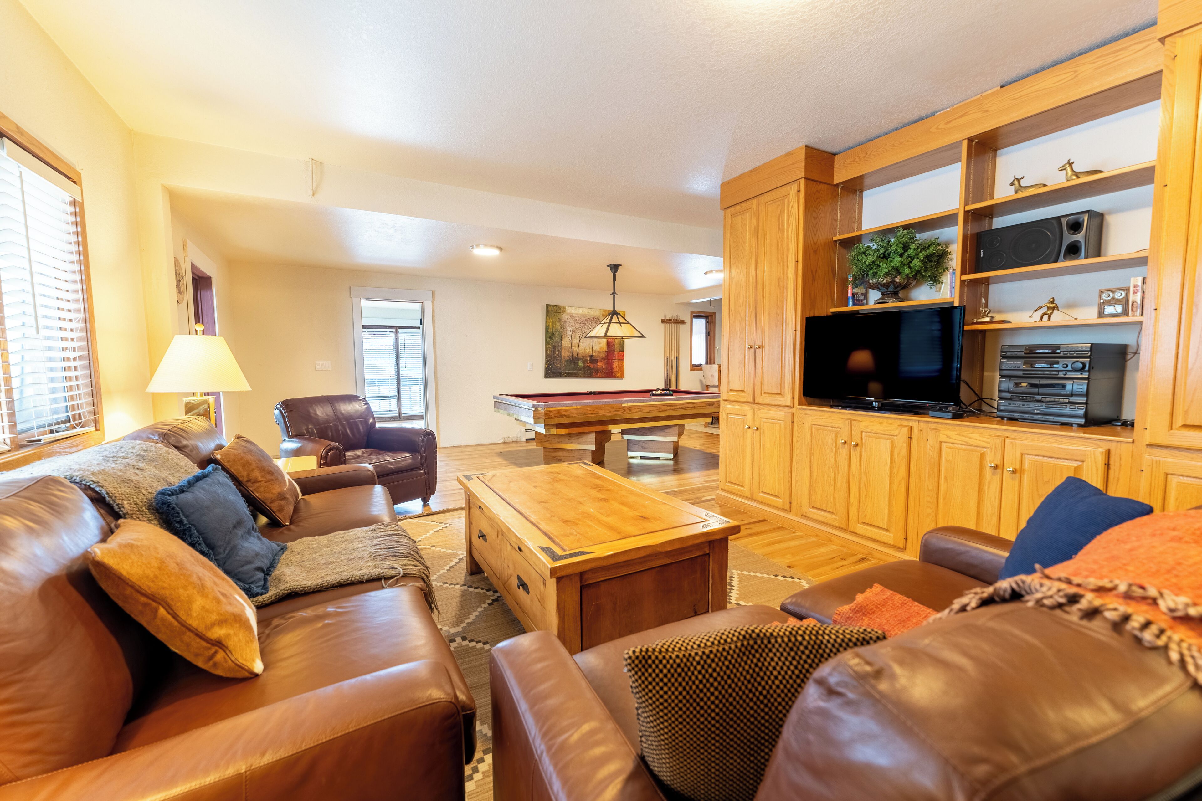 Télévision, cheminée, lecteur de DVD, livres