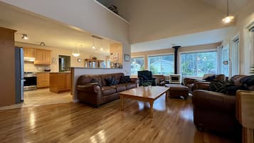 Televisión, chimenea, reproductor de DVD y libros