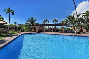A clear blue swimming pool with a wooden deck and lounge chairs, surrounded by palm trees and a covered pavilion.