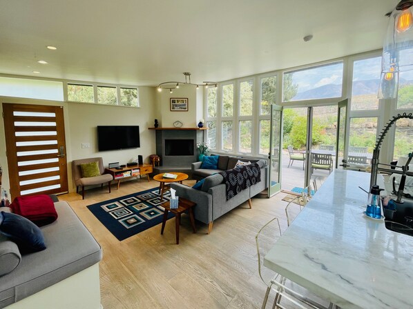 Smart TV, fireplace, books