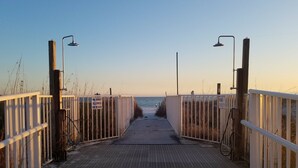 A beach access walkway with metal railings and a sign prohibiting dogs.