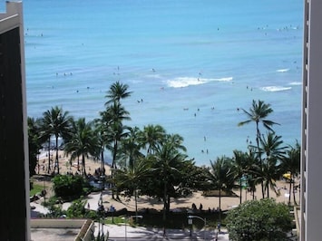 View of Waikiki Beach from the large lanai (balcony)