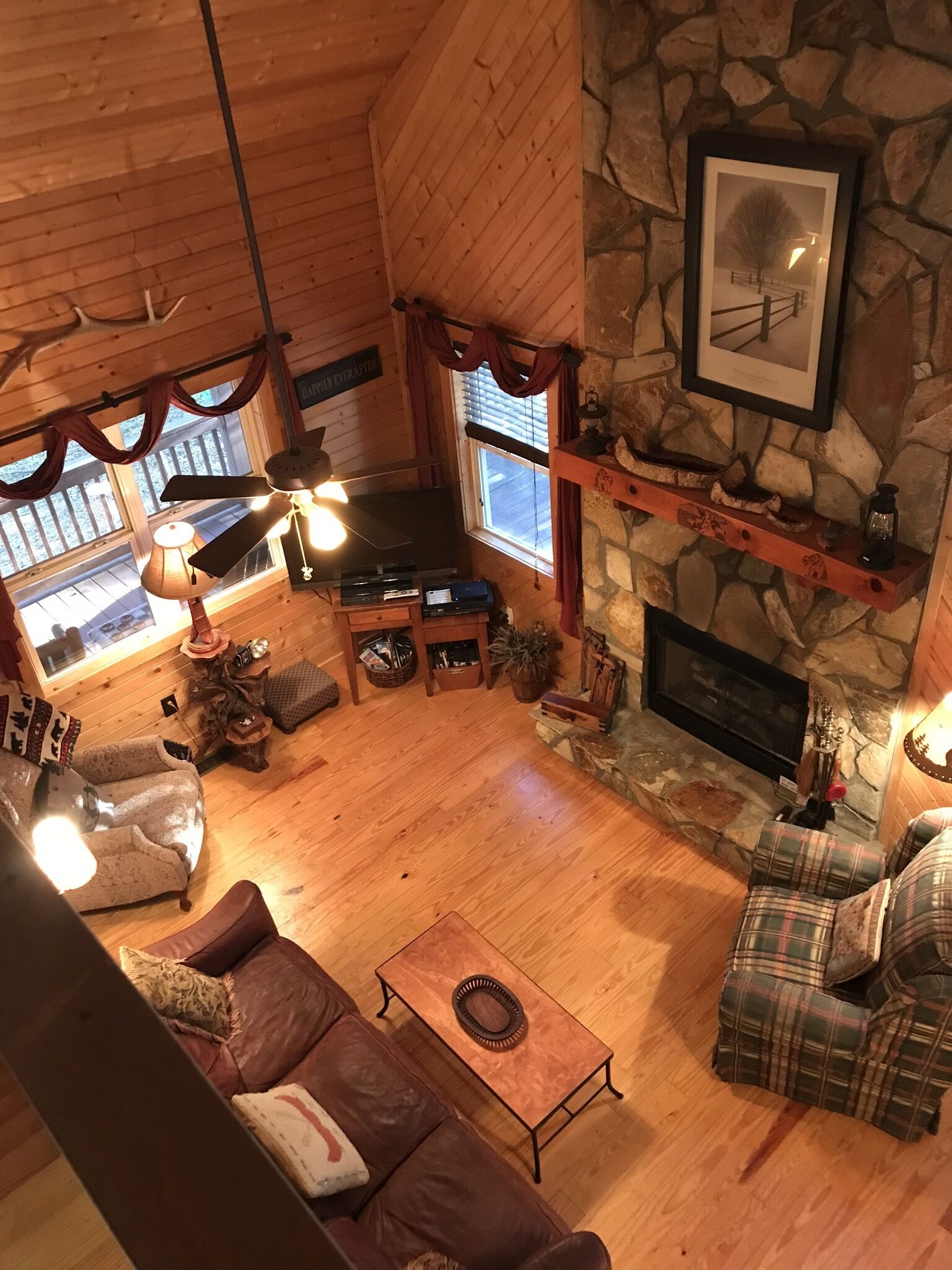 TV connectée, cheminée, lecteur de DVD, livres