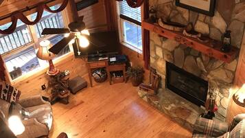 TV connectée, cheminée, lecteur de DVD, livres