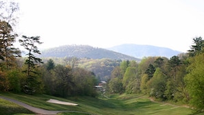 Un campo de golf con un green bien cuidado, un búnker de arena y vistas despejadas a los árboles y colinas circundantes.