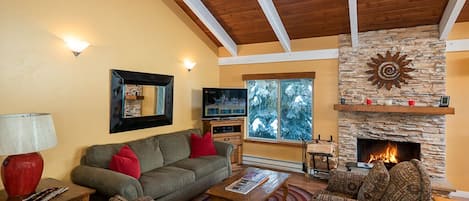 Smart TV, fireplace, video games, DVD player
