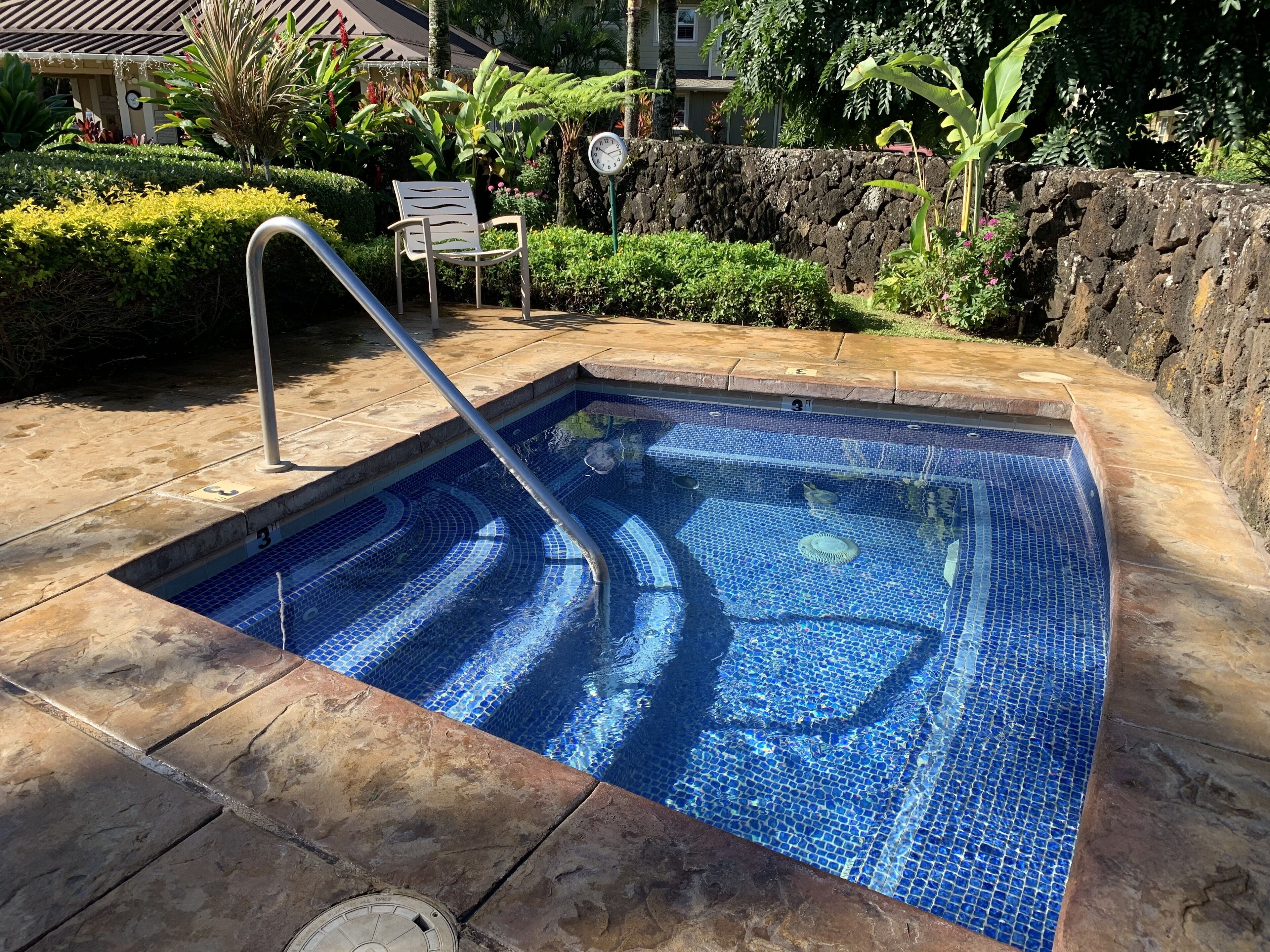 A swimming pool with a tiled edge, a metal ladder, and a stone wall in the background.