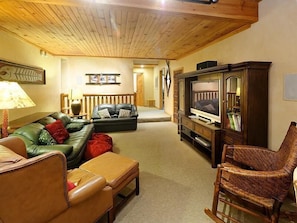 Smart TV, fireplace, DVD player, books