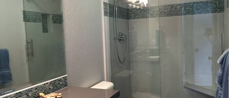 Un baño moderno con ducha envuelta en vidrio, inodoro blanco y tocador con lavamanos y espejo.