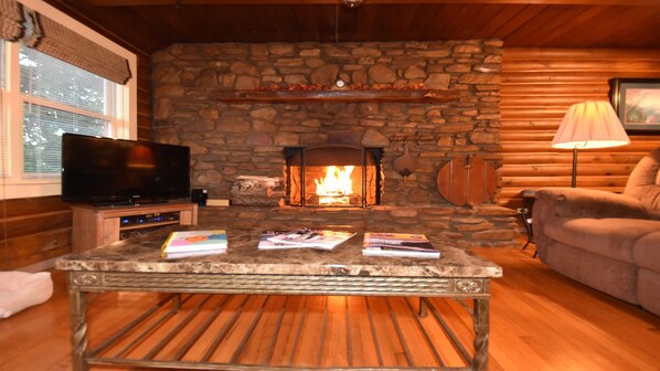 Smart TV, fireplace, DVD player, books