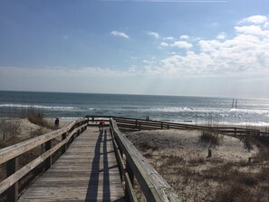 A wooden boardwalk leading to a beach with the ocean in the background. - Great Family Vacation Rental With All The Amenities Available! (Carolina Beach)