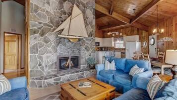 TV, fireplace, books, offices