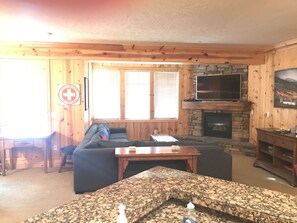 Smart TV, lareira, livros