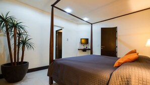 A bedroom with a large bed, a potted plant, a television, and a door.