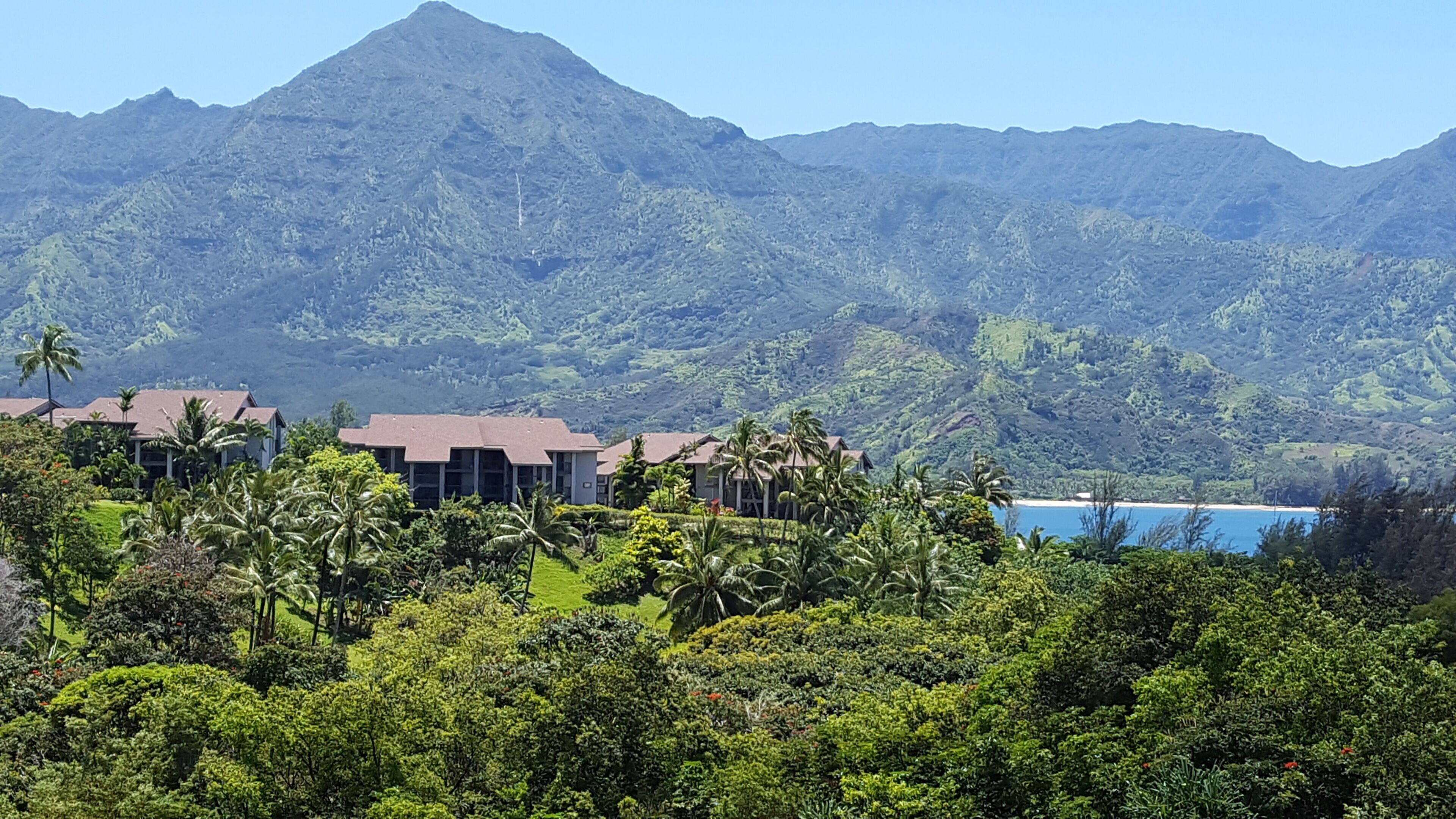 A resort with multiple buildings, lush greenery, and a mountain backdrop.