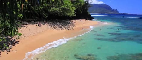 Una spiaggia nelle vicinanze, lettini da mare, teli da spiaggia