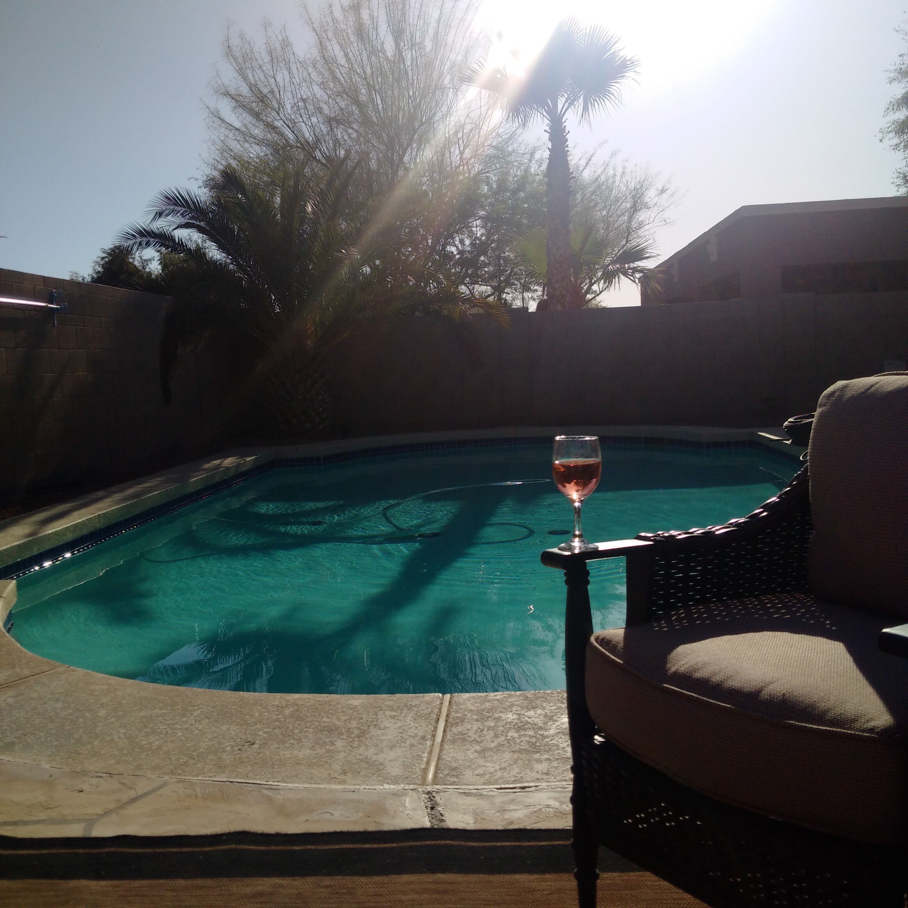 A swimming pool with a glass of wine on a table, surrounded by chairs and palm trees.