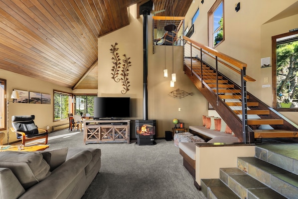 Smart TV, fireplace, DVD player, books