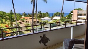 Un balcon avec vue sur l’océan et les palmiers.