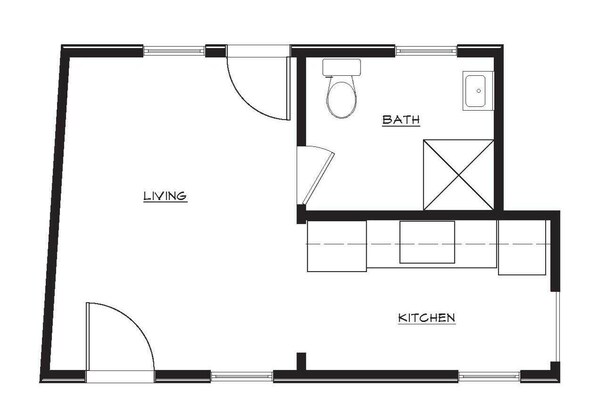 A floor plan with a living area, kitchen, and bathroom. - Osgood Cabin with Lake View (Paul Smiths)