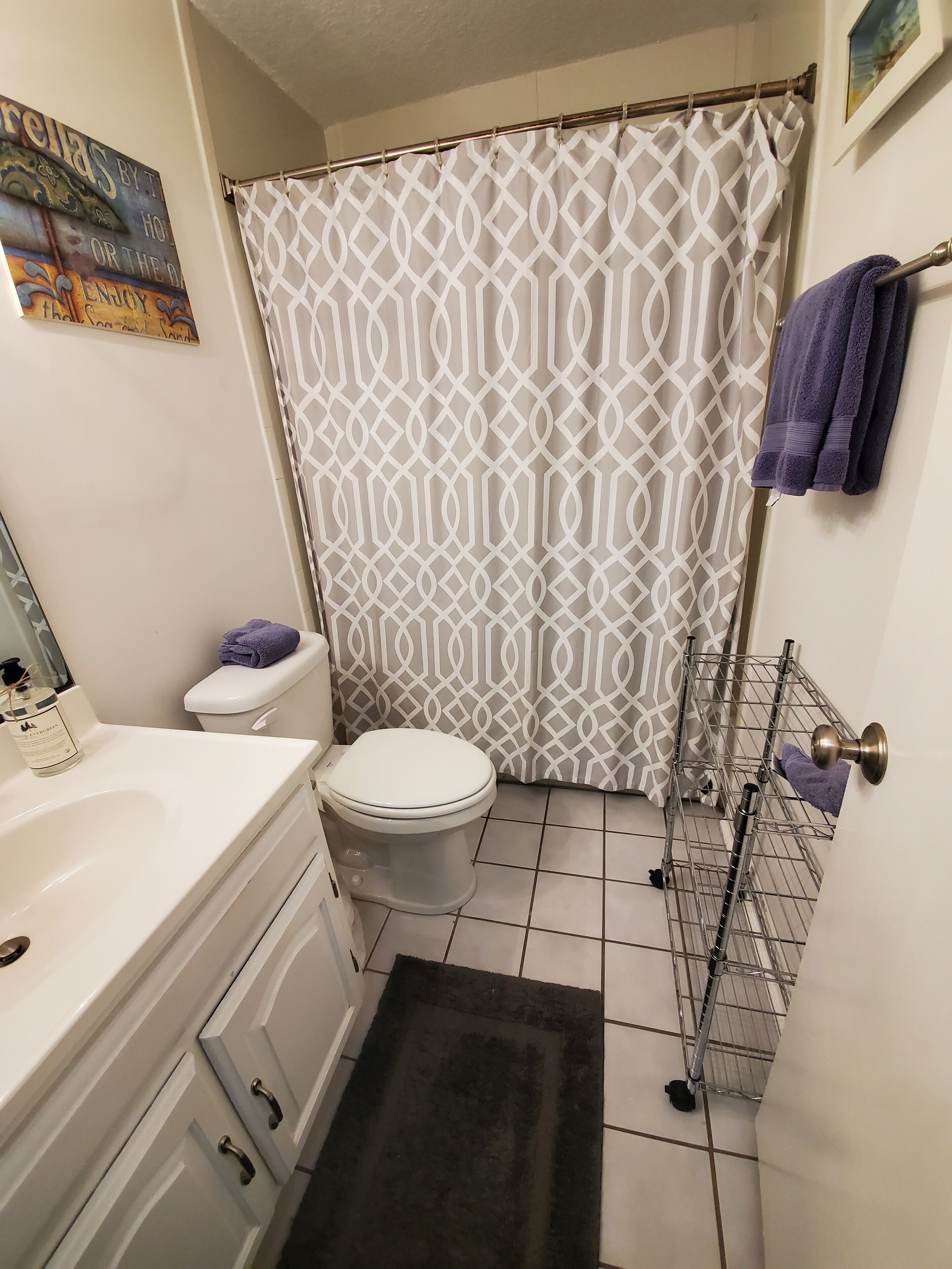 A bathroom with a toilet, a sink, a shower curtain, and a towel rack.