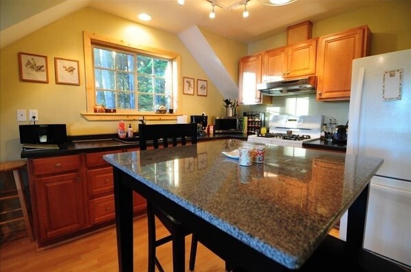 A kitchen with wooden cabinets, a granite countertop, a refrigerator, and a window with a view of trees. - Hillside Haven - Secluded Guest Suite with Your Own Private Spa. (Juneau)