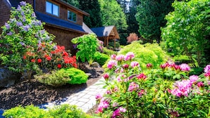 A garden with a variety of flowering plants, a wooden house, and a stone pathway. - Orcas Waterfront Custom Home, 180 Degree Summer Sunset & Sunrise,  Sleeps 12 (Eastsound)