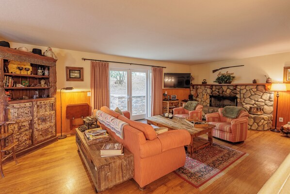 Smart TV, fireplace, DVD player, books