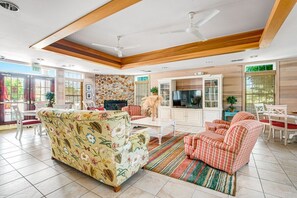 Smart TV, fireplace, DVD player, books