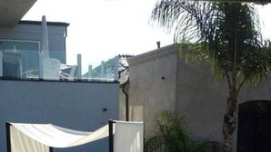 Eine Dachterrasse mit einem überdachten Sitzbereich, einer Palme und Blick auf die Stadt.